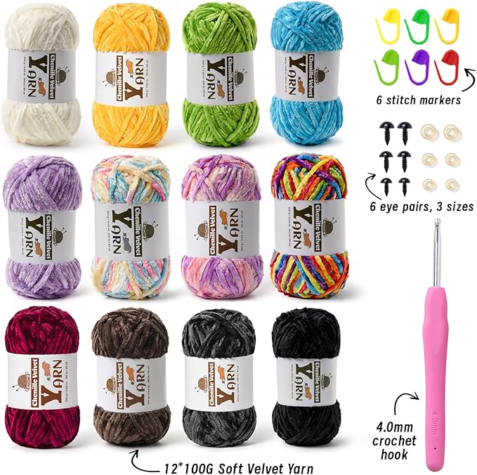 12 Pack Multicolor Crochet Yarn, Fluffy Chunky Chenille Yarn for Crocheting, Fuzzy Velvet Yarn for Crochet Kit, Baby Yarn for Crocheting Soft Amigurumi Yarn Set C (100g/87yds Each)