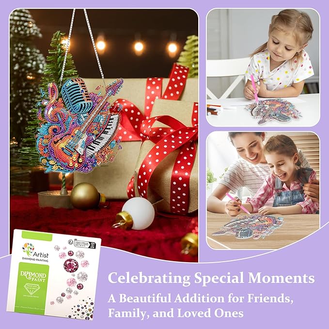 Lxmsja DIY Electric Guitar Diamond Painting Hanging Ornament, Double-Sided Acrylic Musical Notes Diamond Art Kit, Special Shaped Suncatcher Hanging Pendant Window Art Kit