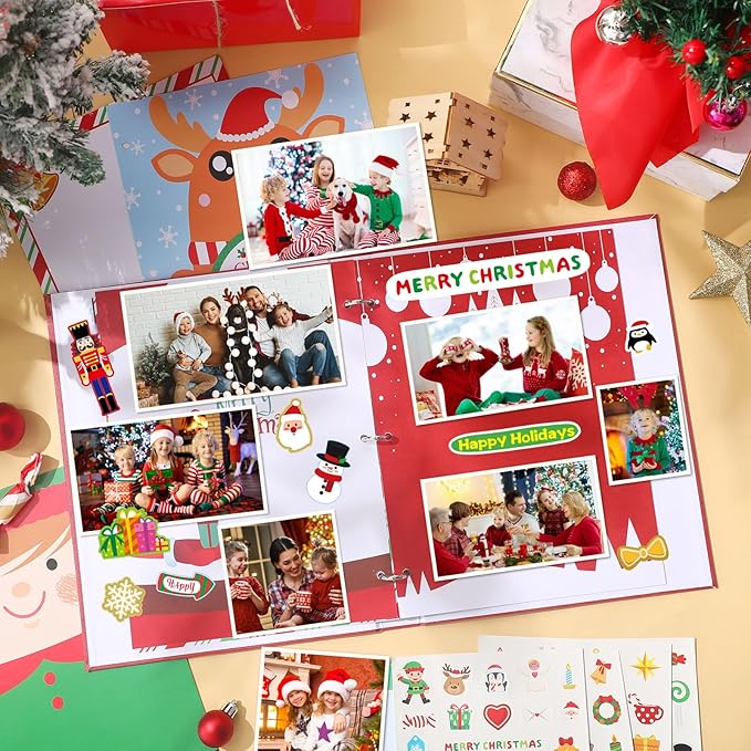 Jetec Christmas Photo Album Scrapbook 80 Page 12.5 x 10.8 x 2.1 Inch 3 Rings Removable Christmas Memory Book DIY Scrapbook Kit with Stickers Holds 4 x 6 5 x 7 8 x 10 Pictures for Xmas Gifts (Cute)