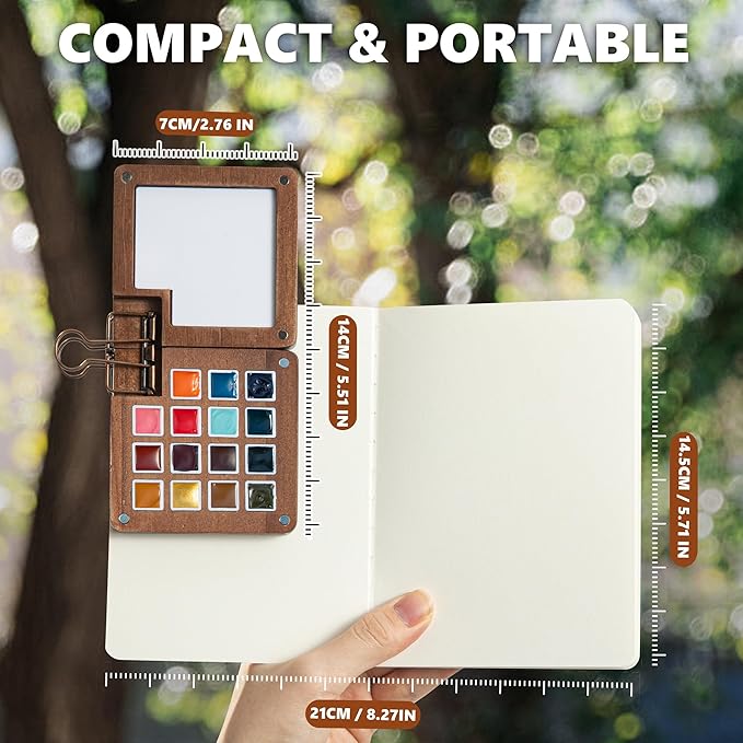 Mini Paint Palette Travel Kit - 15-Colors Pocket Artist Water Color Travel Set with Crossbody Bag, Watercolor Journal, Metal Clip, Paint Water Cup, Water Brush, Wooden Paint Box for Painters Artists