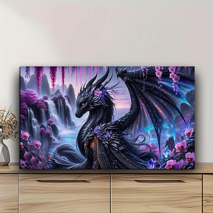 KUFWKEY Black Dragon Mosaic Diamond Paintings,5D DIY Diamond Painting for Adults,Fantasy Animal Diamond Art Kits,Landscape Waterfall Art for Home Decor,Large Size 27.5x15.7inch