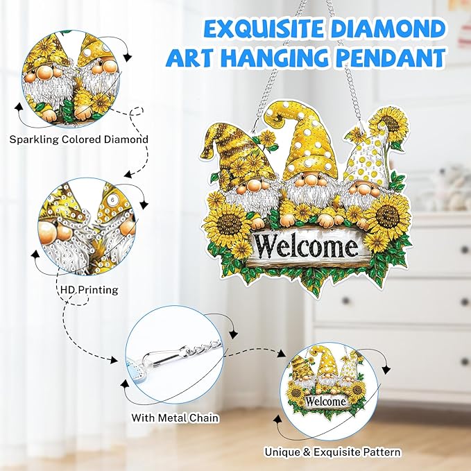 Bowetile Hanging Diamond Art Gnomes Kits for Adults, 5D Special Shape Diamond Painting Welcome Sign Gnomes Kits, Diamond Gem Art Suncatchers Painting Ornament for Home Garden Wall Decor