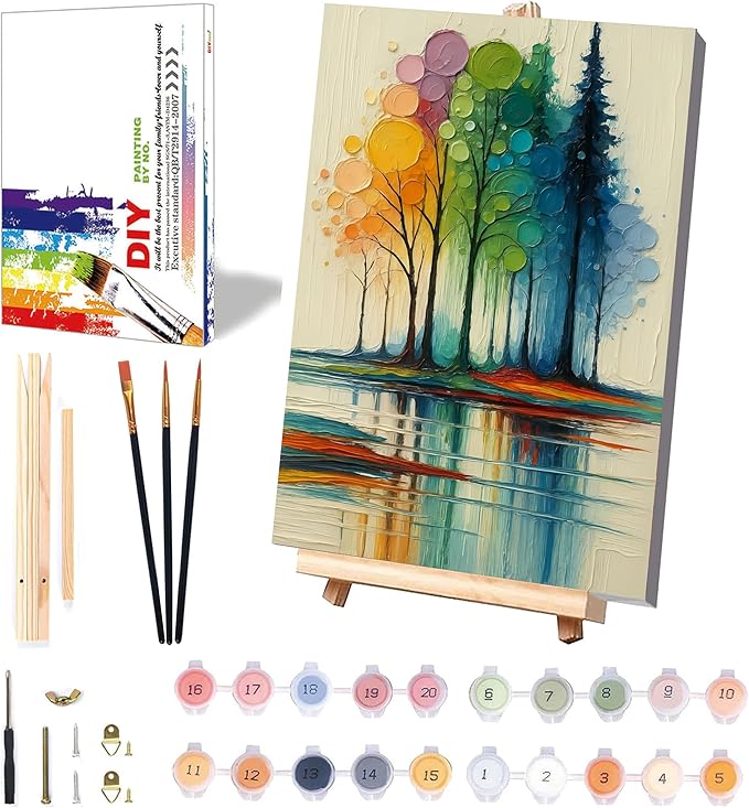 Rainbow Trees Paint by Numbers for Adults with Framed Canvas - with Wooden Easel, Tree Paint by Number for Beginners, DIY Easy Acrylic Oil Painting on Canvas with Brushes for Home Wall Decor 8x12 inch