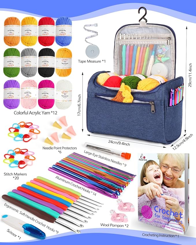 Aeelike Crochet Kit for Beginners Young and Old, First Crochet Kit for Adults Include 23pcs Crocheting Hooks, 655 Yards Yarn Set, Instruction, Bag, Crocheting Accessories and Supplies, Pink