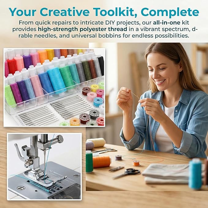 194PCS Sewing Thread Kit with Prewound Bobbins, 72 Colors Thread Spools (400 Yards Each), 72 Rolls of Shuttle Core Thread, 50 Machine Needles for Hand Stitching, Quilting, Embroidery & DIY Crafting