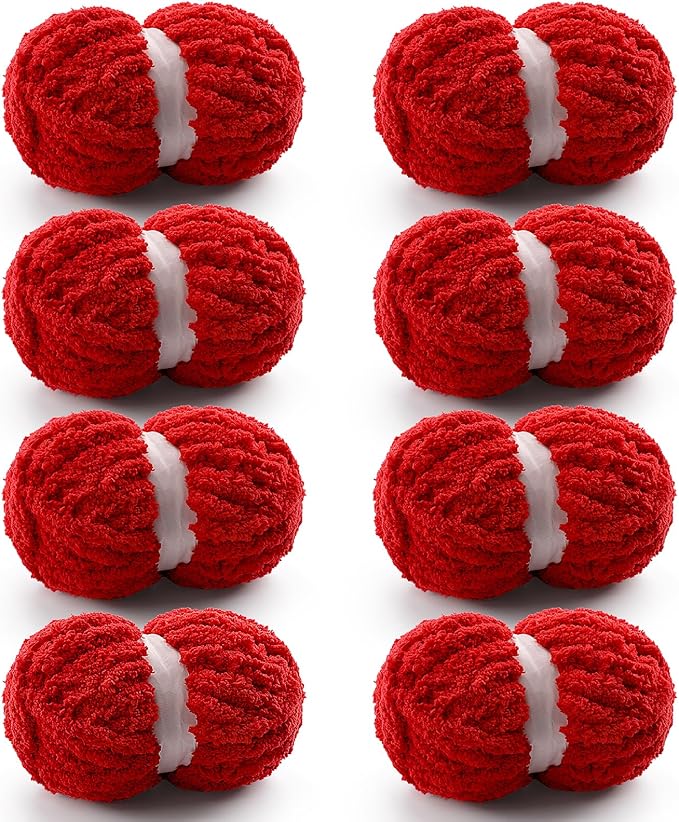 8 Pcs Chunky Yarn for Hand Knitting - Chunky Chenille Yarn for Crocheting - Fluffy Yarn for Crochet - Jumbo Yarn for Hand Knitting 25 yds 7.7 oz of Super Bulky Yarn (Big Red)