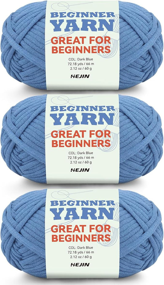 3x50g Dark Blue Yarn for Crocheting and Knitting;3x80m (87.5yds) Cotton Yarn for Beginners with Easy-to-See Stitches;Worsted-Weight Medium #4;Cotton-Nylon Blend Yarn for Beginners Crochet Kit Making