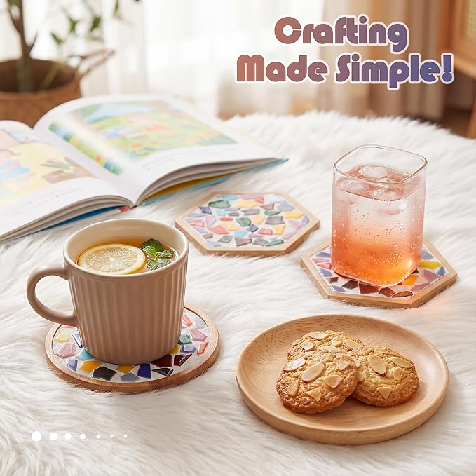 Nuyoach Mosaic Tiles Crafts Kits for Adults,2 Sets DIY Glass Mosaic Craft with Wooden Coaster Making Materials Package for Women Seniors,Ceramic Mosaic Art Bulk Gifts for Home Decor Summer Party