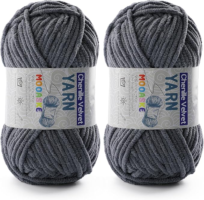 2 Pac Chenille Yarn for Crocheting - Blanket Yarn for Crocheting - Fluffy Yarn for Crochet, Baby Yarn for Crocheting Soft Blankets Weight Per Roll 50g/1.76oz, Length 60m/65yard (Dark Grey)