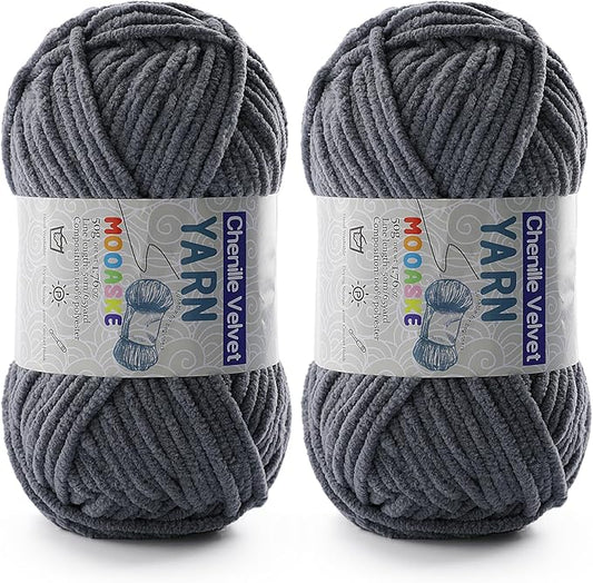 2 Pac Chenille Yarn for Crocheting - Blanket Yarn for Crocheting - Fluffy Yarn for Crochet, Baby Yarn for Crocheting Soft Blankets Weight Per Roll 50g/1.76oz, Length 60m/65yard (Dark Grey)