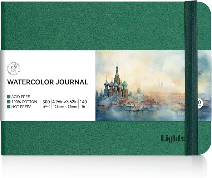 Lightwish Watercolor Journal, 100% Cotton Hot Press Art Supplies Small Watercolor Paper Sketchbook 4.96” x 3.62”, 20 Sheets (140lb/300gsm), Acid-Free for Watercolors, Gouache, Acrylics