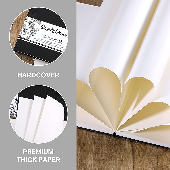 Sketchbook - Hardcover Sketch Pad, 8.5" x 11", Durable Sketch Book for Professional Adults, Artists and Amateurs, 68 lb/110 GSM, 58 Sheets, Use with Pens, Pencils, Sketching Stick