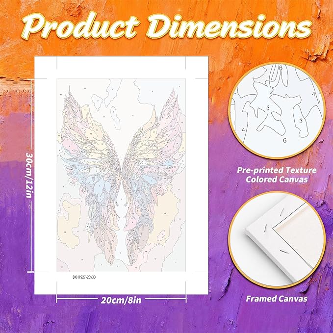 Gemozaic Framed Paint by Numbers Kit for Adults, Angel Wing Adults Paint by Number Kits on Canvas with Wooden Easel for Home, Office, Wall Decor, 8 x 12 Inch