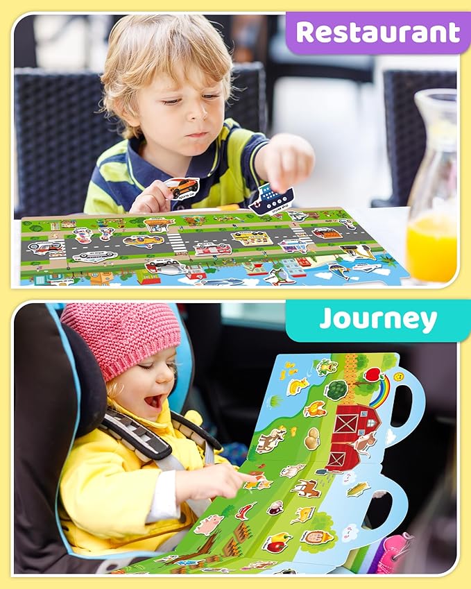 benresive reusable sticker books for kids, sticker books for toddlers, toddler travel toys activities crafts ages 3 and up birthday gifts - farm, space and vehicle