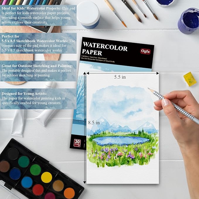 Water Color Sketchbook 5.5 x 8.5, Small Water Color Paper Pad, 30 Sheets (60pages) Cold Pressed Watercolor Paper 140 lb, Watercolor Pads for Painting, Watercolor Supplies for Artists.