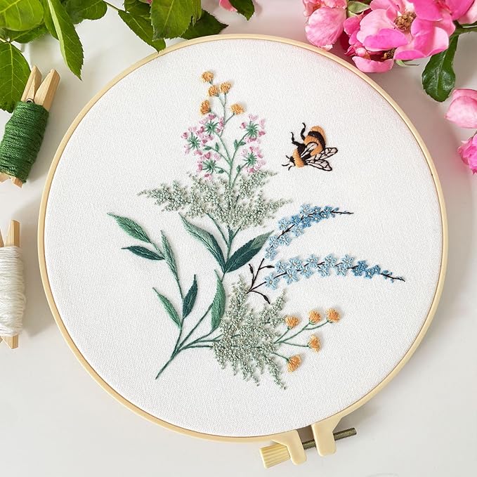 Myfelicity Eembroidery kit for Beginners Adults, 3-Piece Bee and Butterfly Floral Designs,Including Tools Handmade Embroidery Hoop Art Set (red)