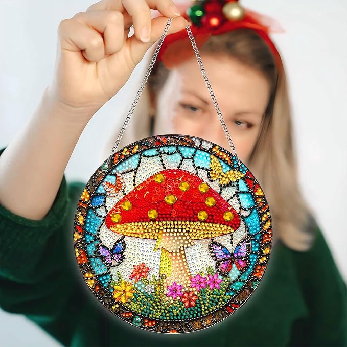 Pavemlo Hanging Diamond Art Kits for Adults Mushroom – 8x8 Inch Double-Sided Acrylic Board DIY Crystal Diamond Suncatcher Pendant, Sparkling Home Wall or Window Decoration Handmade Gift