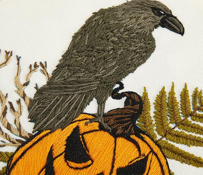 Crafmanoe Halloween Embroidery Starter Kits for Beginners Adults, Fall Pumpkin Stamped Cross Stitch Kits for Beginners Adults, Crow Gothic Embroidery Needlepoint Kits, Hoops, Fabric and Video Tutorial