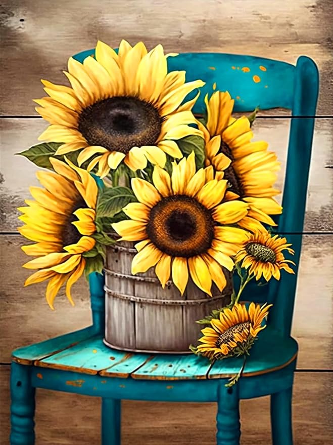 ijbnhd Sunflowers Diamond Art Kits for Adults,Chair Diamond Paintings Kits for Beginners, Full Drill Round DIY Crafts Kits Gift Home Wall Decor Gifts 12x16in