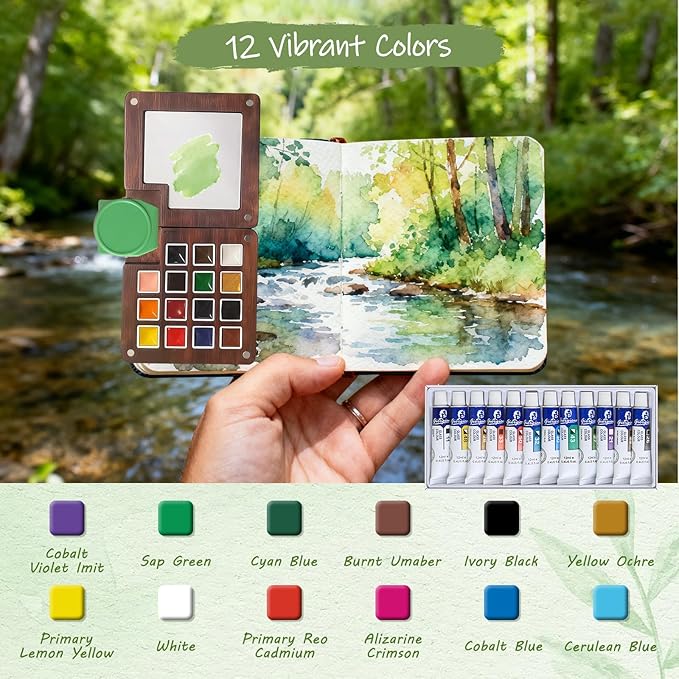 Mini Watercolor Travel Set, 15 Grid Wooden Palette Travel Watercolor Kit with Clip, Foldable Cup, Brushes, Bag, 12 Colors, 2 Sketchbooks & Spray Bottle – Gift for Painters, Art Lovers & Beginners