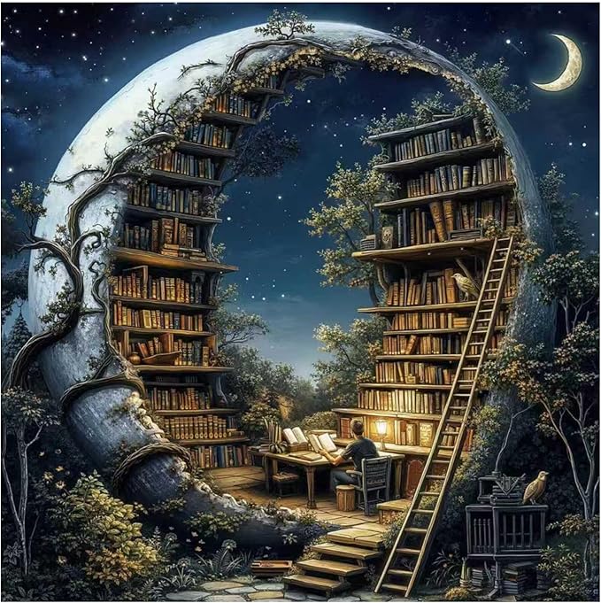 Mandun Library Paint by Numbers for Adult, Night Book Forest FantasyPaint by Numbers Kit for Adults Beginners, DIY Acrylic Painting on Canvas for Home Wall Art Decor(16x16Inch