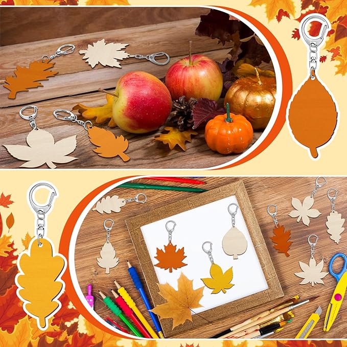 Trnayi 36 Pcs Thanksgiving Maple Leaf Wood Crafts Color Your Own Maple Leaf Keychains DIY Coloring Gifts for Thanksgiving Painting DIY Arts Crafts Project Home Decoration