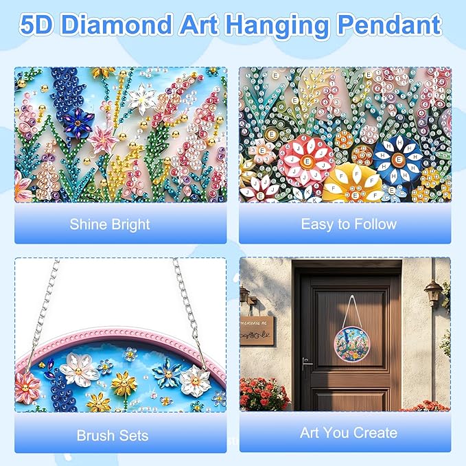 TOSTOG Spring Meadow Flower Diamond Art Pendant Kits for Adult, Diamond Painting Hanging Kit for Beginners, 5D DIY Crafts Gem Art, Waterproof Full Accessories for Home Decor Idea 20 * 20 cm/8 * 8 in