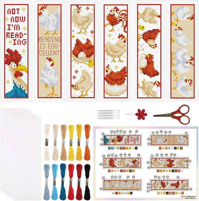 ORIGACH 6 Pcs Cross Stitch Bookmark Kit for Beginner Adults, Cute Chicks and Words Stamped Embroidery Bookmark Kit with Instruction for Starters Printed Cross Stitch DIY Kits for Book Lovers