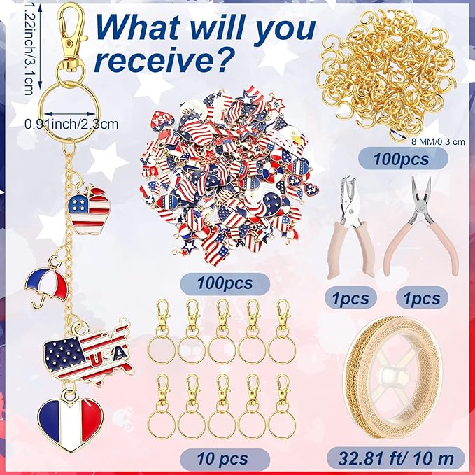 VioraWhite 213 Pcs 4th of July Lip Gloss Keychain Making Kit 250th Anniversary 100 Red White Blue Enamel Charms 32.81 ft Chains for Independence Day Patriotic Decorations DIY Crafts Women
