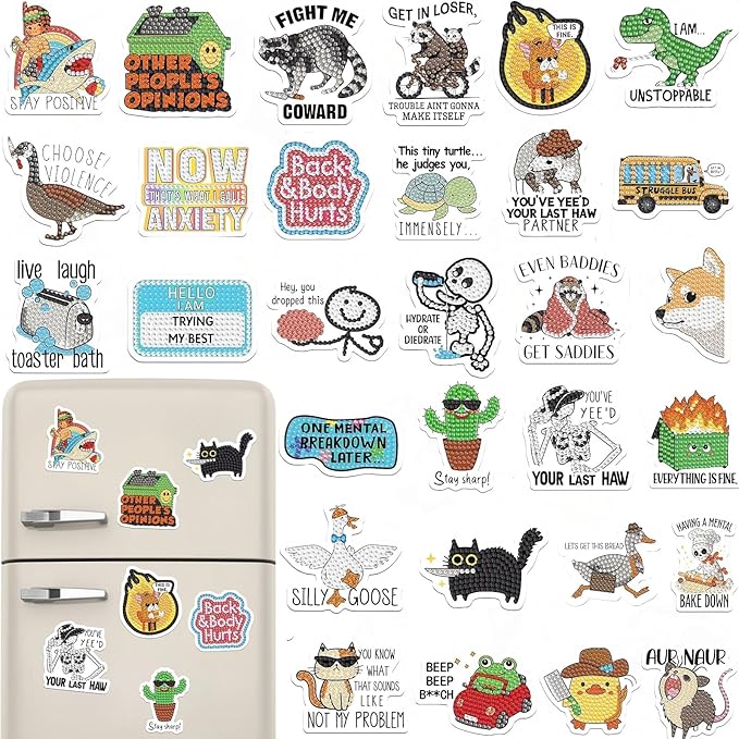 30 Pcs Funny Diamond Painting Magnets Kits Diamond Art Fridge Magnet Refrigerator Sticker Diamond Painting kit for Beginners Adults DIY Art Craft Gifts Home Decors