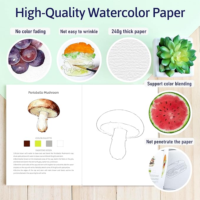 CraftyManor Watercolor Workbook Creative Insect Water Color Paint Book Set with Paints & Brush, 12 Patterns of Original DIY Designs, Beginner-Friendly Adult Coloring Books (Mushroom)