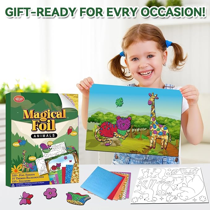 atfunshop magical foil art animals in forest farm sea & birds - no mess foil craft kit for kids ages 4 5 6 7 8 9 fun creative diy activity, ideal birthday gift for girls boys
