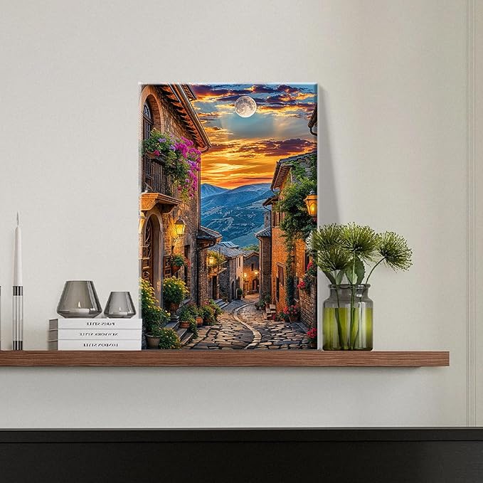 JOOZ Paint by Numbers Kit for Adults Landscape Paint by Number with Frame Town Street Paint by Number with Easel Moon Oil Painting Kits for Gift Home Wall Decor 7.87x11.81 Inch
