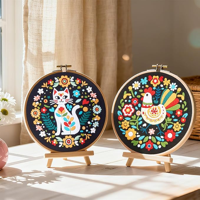 Animals Hand Embroidery Kits for Beginners Adults, Flowers Cat Embroidery Starter Kits, Cross Stitch Kits for Beginners Needlepoint DIY Kits for Adults, 2 Embroidery Hoops【Full-length Video Tutorial】