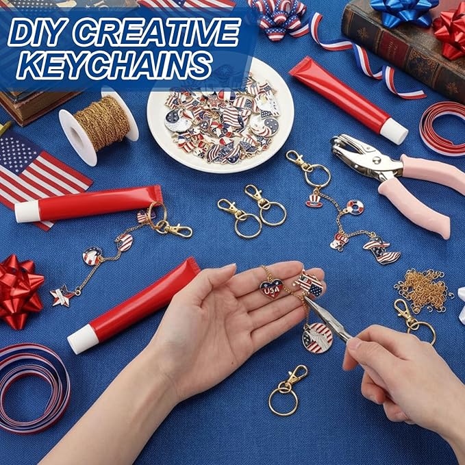 VioraWhite 213 Pcs 4th of July Lip Gloss Keychain Making Kit 250th Anniversary 100 Red White Blue Enamel Charms 32.81 ft Chains for Independence Day Patriotic Decorations DIY Crafts Women