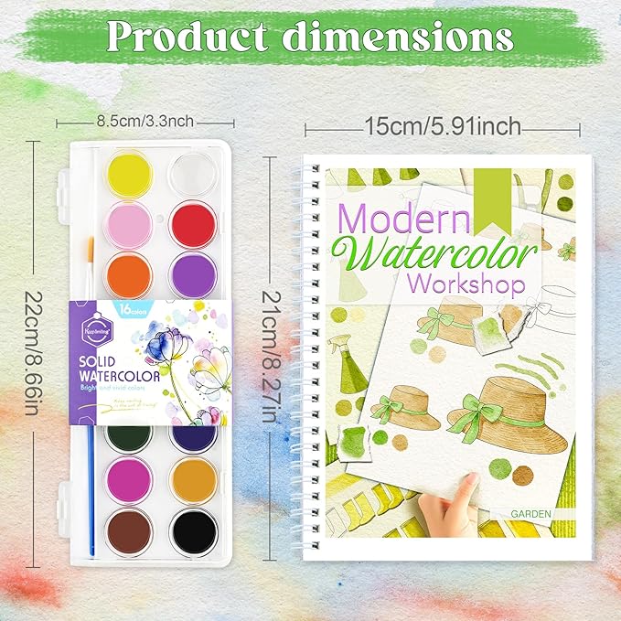 Beginners Watercolor Workbook for Adults -Step-by-Step Coloring Book Set-12 coloring book pages - Includes 16 color blocks and a brush - Professional Watercolor Paper: 300gsm/140lb (Garden)
