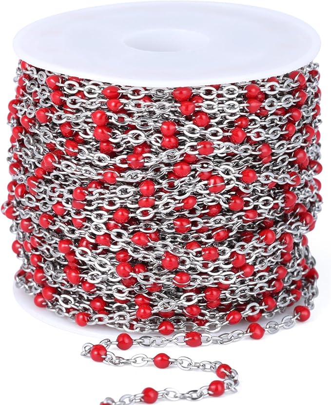 33 Feet Stainless Steel Enamel Chains Bulk, 2mm 304 Stainless Steel Red Enamel Beaded Cable Link Chain Roll Spool for Jewelry Making