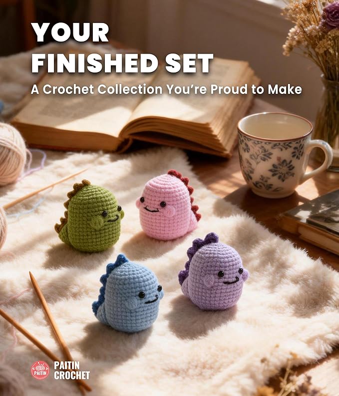 PAITIN Crochet Kit for Beginners – DIY Dinosaur Crochet Craft Project, Easy Handmade Yarn Art Kit for Adults with Step-by-Step Video Tutorial