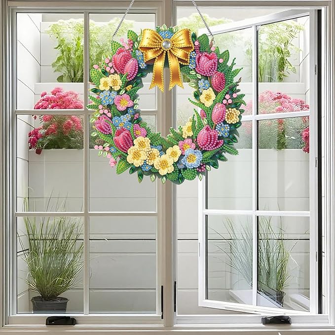 Ristpal Diamond Painting Kits Hanging for Adult, Special Shaped Rhinestone, DIY Acrylic Diamond Art Painting Window Pendants Home Garden Wall Hanging Kits for Home Decor and Gifts (Wreaths)