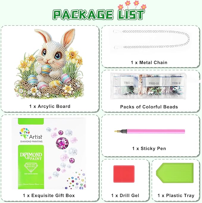 KEYIFA Rabbit Hanging Diamond Art Painting Kits for Adults and Kids Age 8-12, 5D Special Shape Diamond Dots Kit Easter Egg Crystal Gem Painting Art Crafts for Window, Wall, Door, Garden Decor