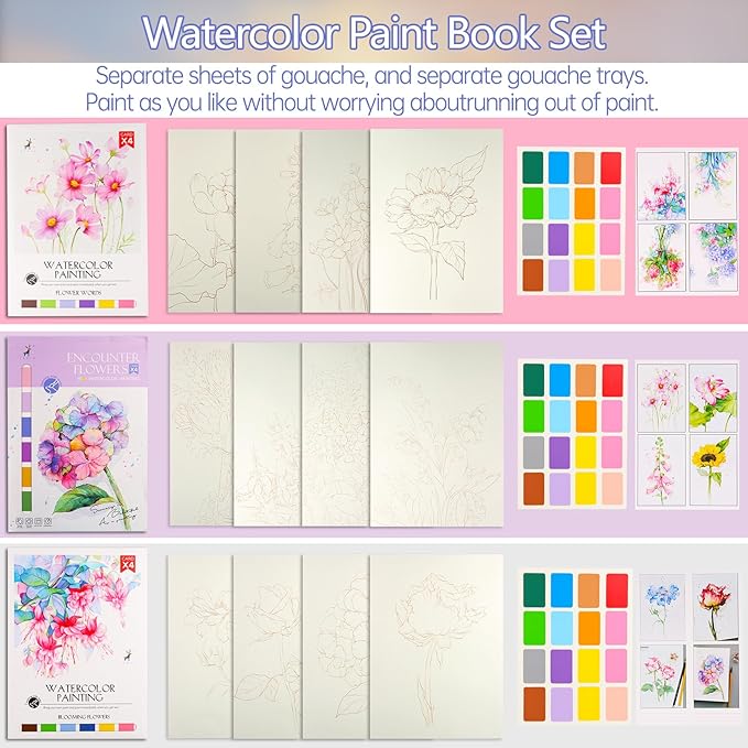 3 Pack Flowers Watercolor Coloring Books for Adult Teenager Watercolor Paint Book Water Color Paint Sets for Kids Coloring Books for Women Water Colors Paint Kids Pocket Hand Book Stocking Goodie Bag
