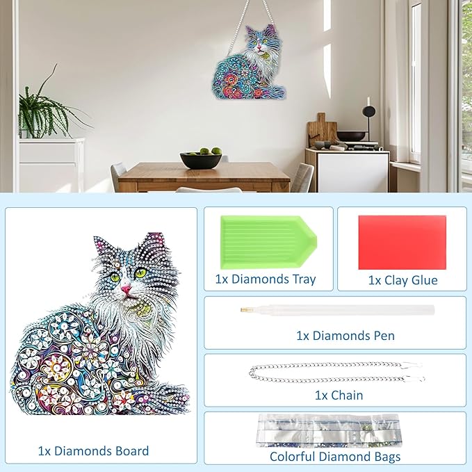 SENQAO Cat Hanging Diamond Art Painting Kits for Adults Beginners, 5D Special Shape Diamond Art Kits, Cat Crystal Rhinestones Diamond Gem Art Painting for Home Garden Wall Decor