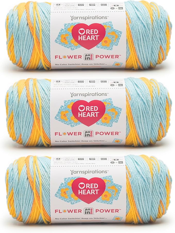 Red Heart All in ONE Flower Power Marigold Yarn - 3 Pack of 8.8oz/250g - 100% Acrylic - #4 Worsted (Medium) - 440 Yards - Knitting/Crochet