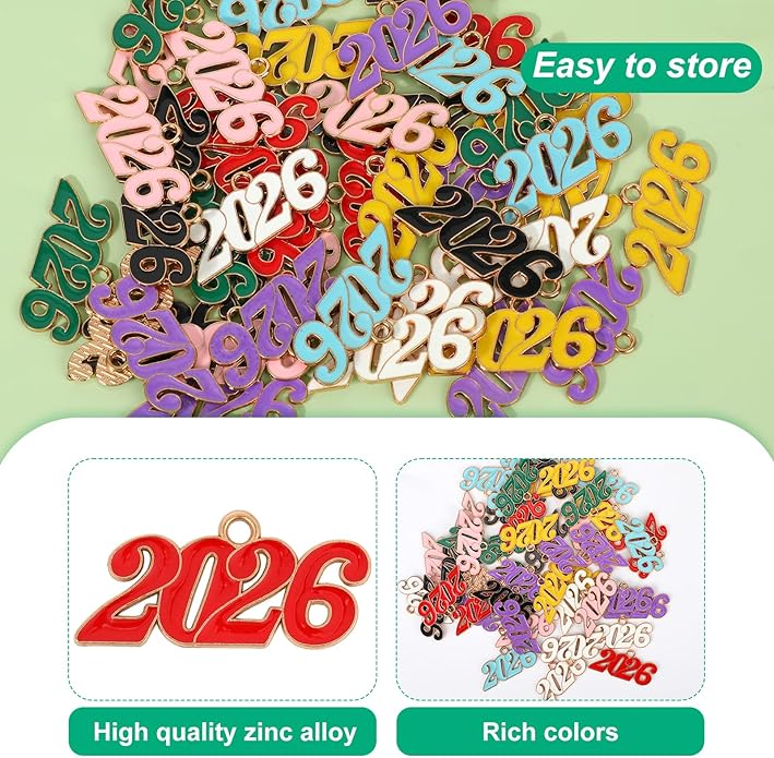 2026 Charms, 8 Colors Zinc Alloy 2026 Year Charms for Crafts New Year Graduation Tassel for Craft DIY Jewelry Making Party Decoration