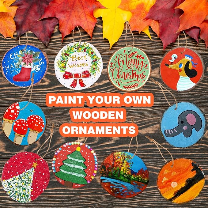 Collabell Christmas Ornament Craft Kit - 20Pcs Natural Round Wood Slices with Painting Supplies for Family, Make Your Own Wood Xmas Tree Decorations, DIY Homemade Wooden Ornaments & Holiday Decor