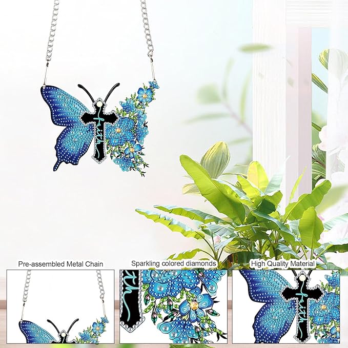 DIY 5D Diamond Painting Hanging Kit, Blue Butterfly Cross Faith Acrylic Pendant Ornament, Religious Special Shaped Diamond Art for Adults, Wall, Door, or Garden Decor Craft Gift