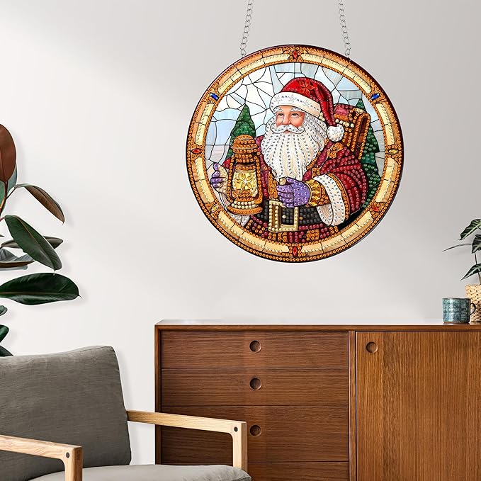 Reofrey Hanging Diamond Art Kits for Adults - 8x8 Inch Christmas Santa Claus Acrylic Board Double Sided Pattern Diamond Art Suncatcher Pendant, DIY Crystal Art for Home Wall or Window Decoration Gift