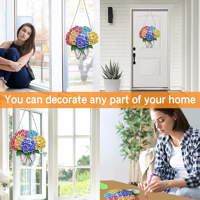 Ginfonr Diamond Painting Kits Hanging Pendant, Vase Sun Catcher for Front Door Sign, Special Shaped Rhinestone Flower Summer Hanging Decor, Double Sided Diamond Kits for Garden Window (8 x 8 inch)