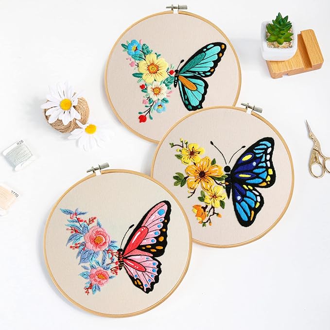 Santune 3 Pack Embroidery Kit for Beginners Adults Cross Stitch Kits with Butterfly Patterns and Instructions,DIY Hand Crafts with 1 Hoop,Threads and 6 Needles