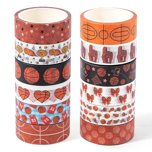 Sports Theme Washi Tape - Basketball Hoop Net Heart Bow Pattern Premium Acid Free Repositionable Adhesive Paper for Scrapbooking Gift Wrapping Journaling DIY Crafts Sports Fan Supplies